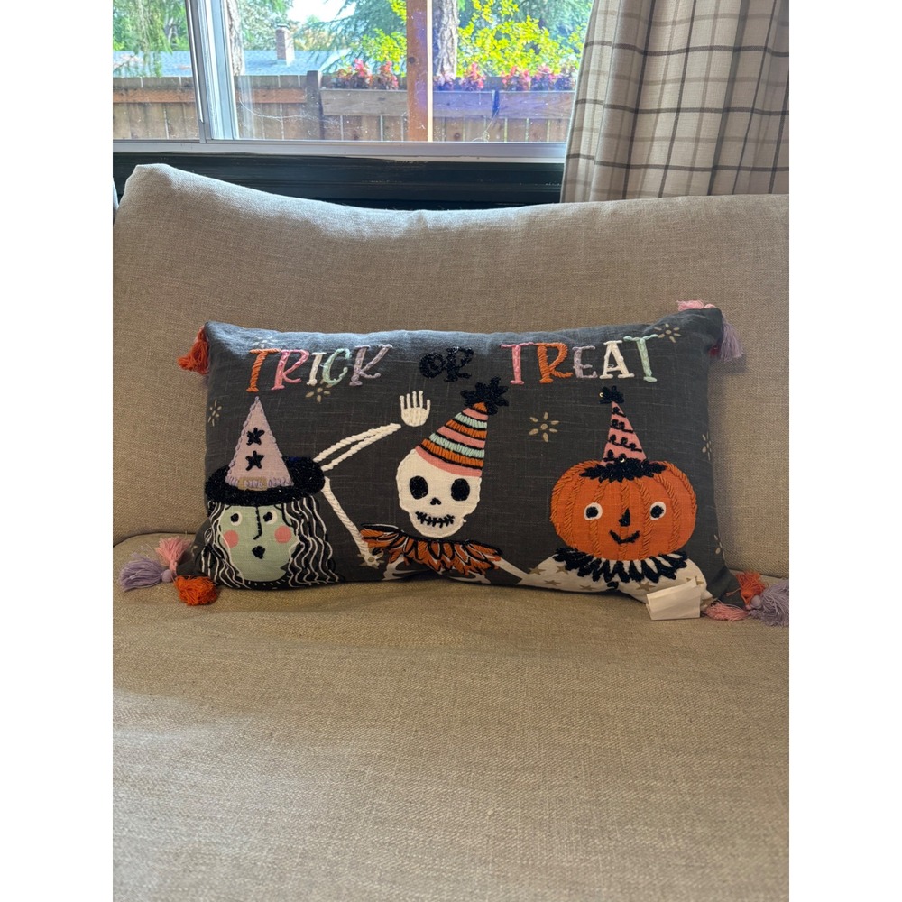 EnVogue Halloween Trick or Treat Beaded Lumbar Pillow Witch Skeleton Pumpkin 24"